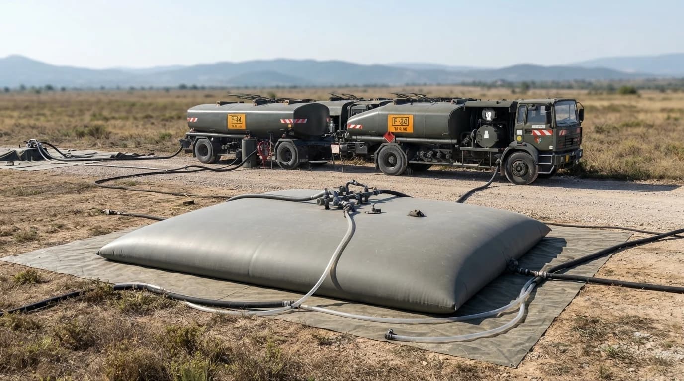 Field fuel bladder resupplied by a convoy of military tanker trucks