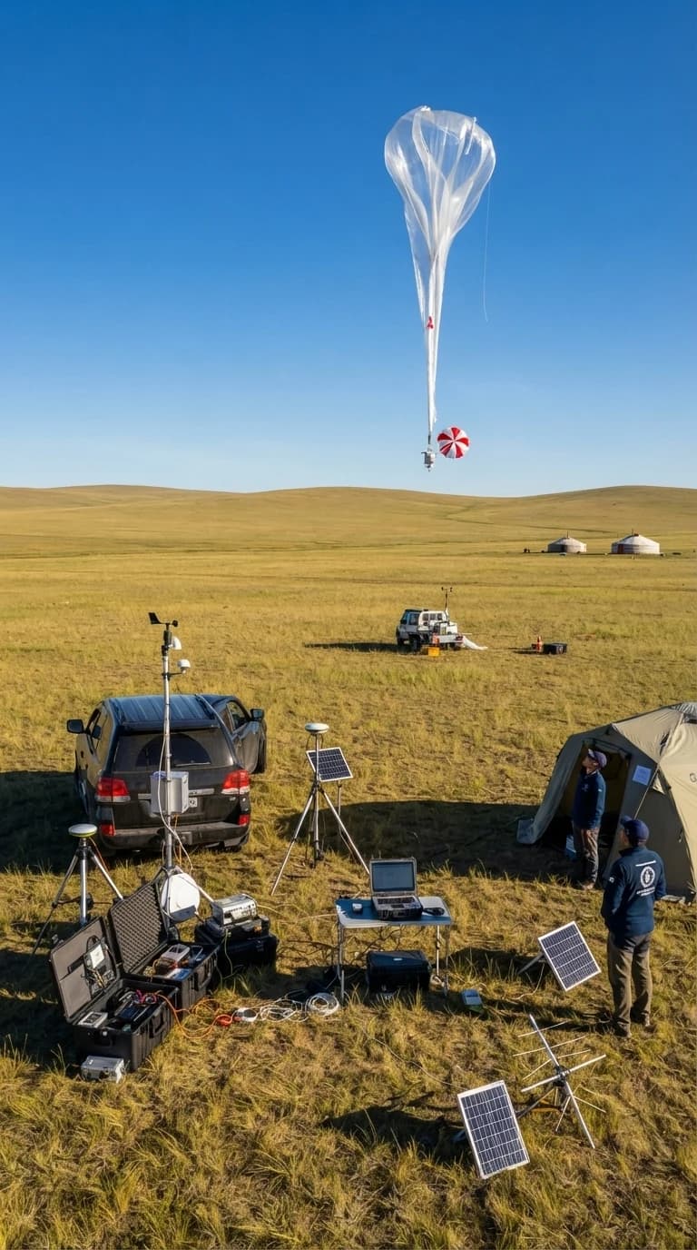 Aerostat launch on open steppe grassland, Apex AeroTex ground station