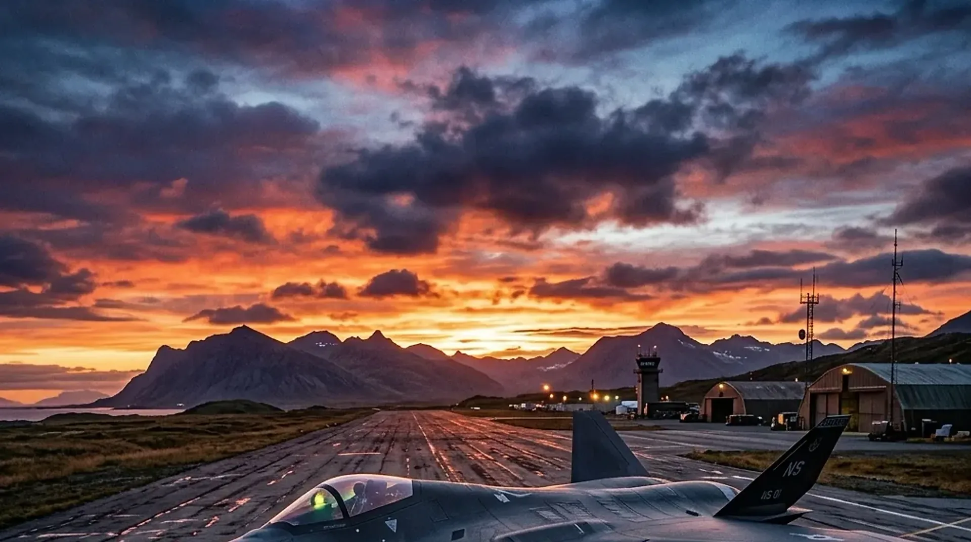 Fighter aircraft on a runway at dusk, signature management for airfield assets